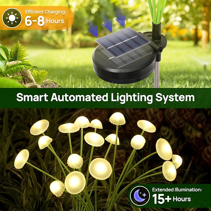 Solar Garden Lights, 6-Pack Dual Mode LED Solar Mushroom Lights, Waterproof Firefly Outdoor Decor for Yard, Patio, and Pathway – Warm White Jellyfish Ambiance