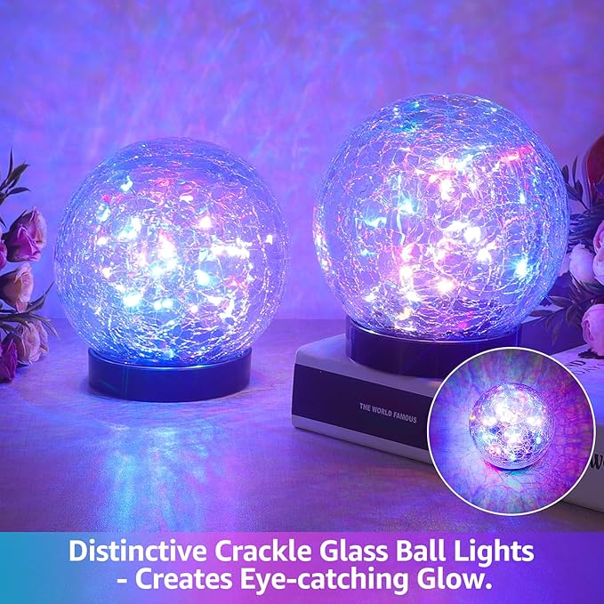 2-Pack Garden Solar Lights Outdoor, Colored Cracked Glass Ball Light Waterproof, Decorative Solar Powered Globe Lighting Multicolor for Yard