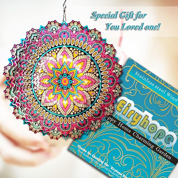 Wind Spinner Blossom Mandala Wind Spinners Outdoor 12inch 3D Stainless Steel Hanging Wind Sculptures Creates Holographic Effect. Kinetic Garden Decoration Yard Art Decor Worth Mandala Gifts
