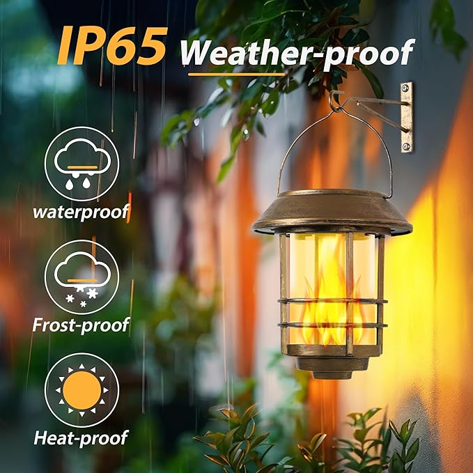 Otdair Solar Wall Lantern Outdoor, Flickering Flames Solar Sconce Lights Outdoor, Hanging Solar Lamps Wall Mount for Front Porch, Patio and Yard, 2 Pack, Yellow Bronze