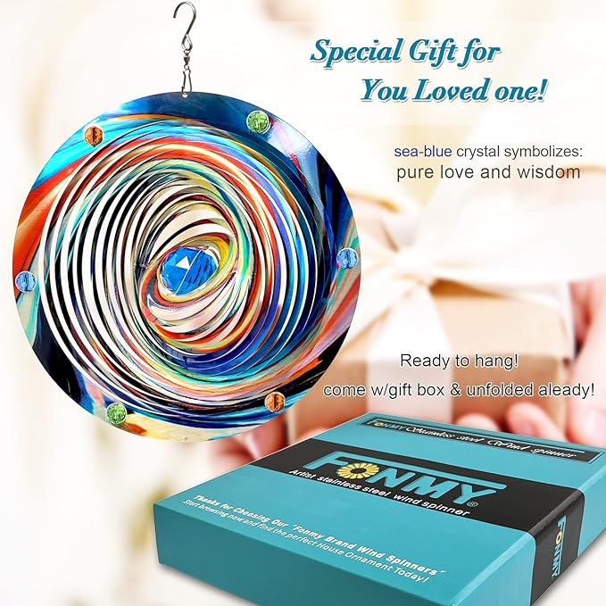 FONMY Mandala Wind Spinner w/Crystal Ball-Blue Plenet 3D Stainless Steel Hanging Spinners Worth Gift Christmas Decoration Indoor/Outdoor Garden Décor Kinetic Yard Art 12 Inches Wind Sculpture