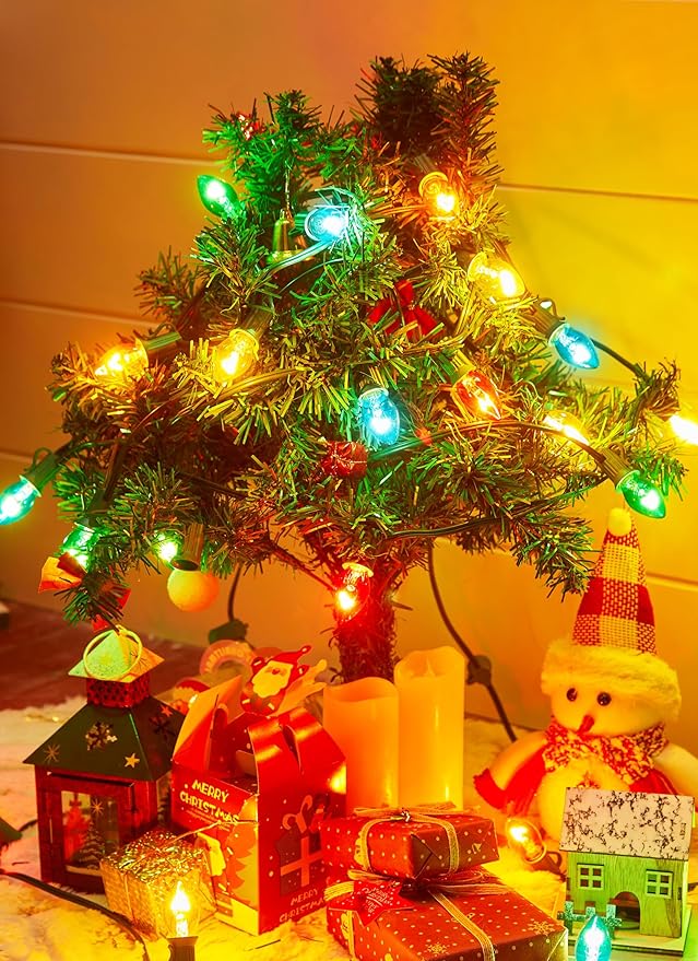 C7 Multicolor Christmas String Lights - 50ft 2 Pack Vintage Christmas Tree Lights, Outdoor Roofline String Lights with 50+2 Spare Bulbs for Patio Garden Holiday Indoor Home Xmas Decoration