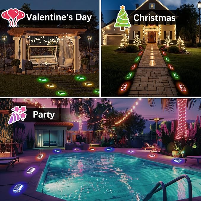 Solar Driveway Lights Dock Deck Lights 4 Pack, 9 Colors in 1, LED Driveway Markers Deck Lights IP68 Waterproof Outdoor Solar Powered Warning Step Lights for Pathway RGB
