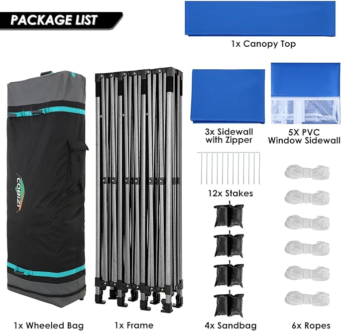 COBIZI 10x30 Pop up Canopy Tent 10x30 Canopy with Sidewalls, Heavy Duty Party Tent Tents for Parties, Foldable UPF 50+ Waterproof Commercial Easy up Canopy with Wheeled Bag, Blue(Frame Upgraded)