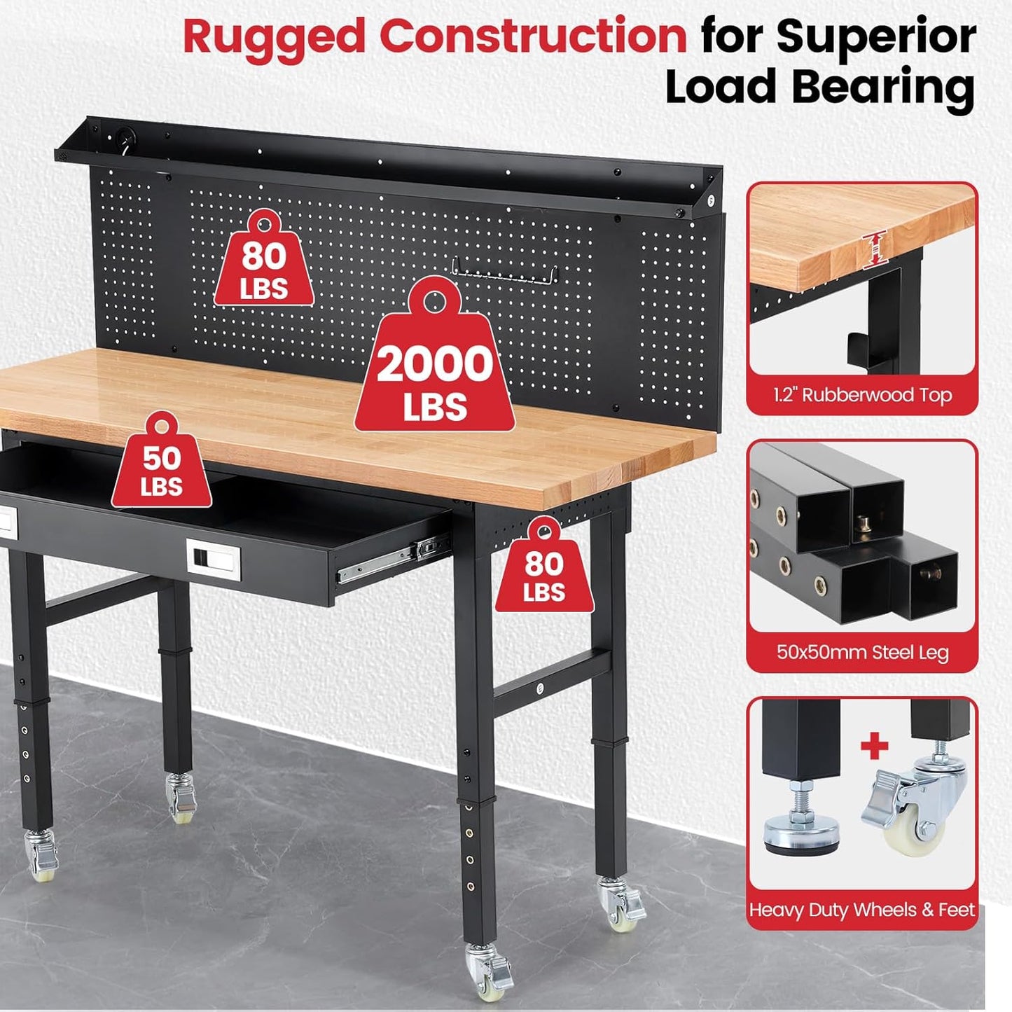 Workbench with Wheels 60 x 22 Inch Heavy Duty Rubber Wood Tabletop Work Bench with Pegboard, Drawers, Power Outlets Adjustable Height Work Table for Woodworking Shop, Home, Office