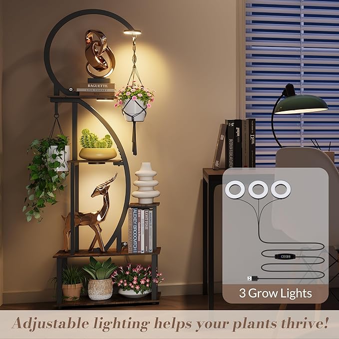 Indoor Plant Stand with Grow Lights, Half-Heart Shape Metal Shelf with Multiple Wood Boards and Hooks for Hanging & Potted Plants, Tall LED Display Rack for Living Room, Balcony Décor