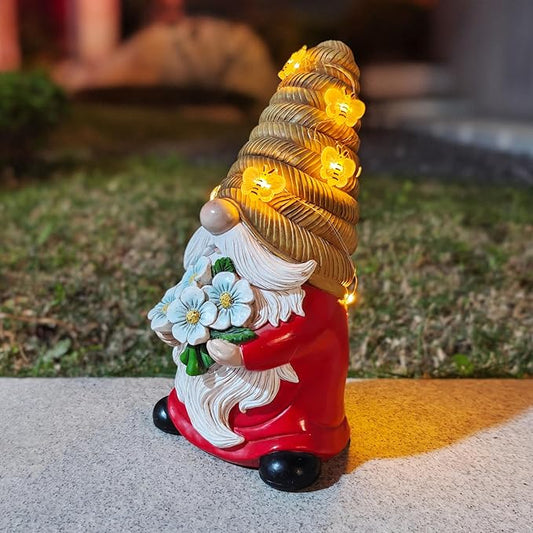 Outdoor Garden Gnomes Statue, Bee Flower Gnome Sculpture, with Solar LED Lights for Yard, Patio, Lawn Ornaments for Garden, Patio Gnome Gifts for Mom