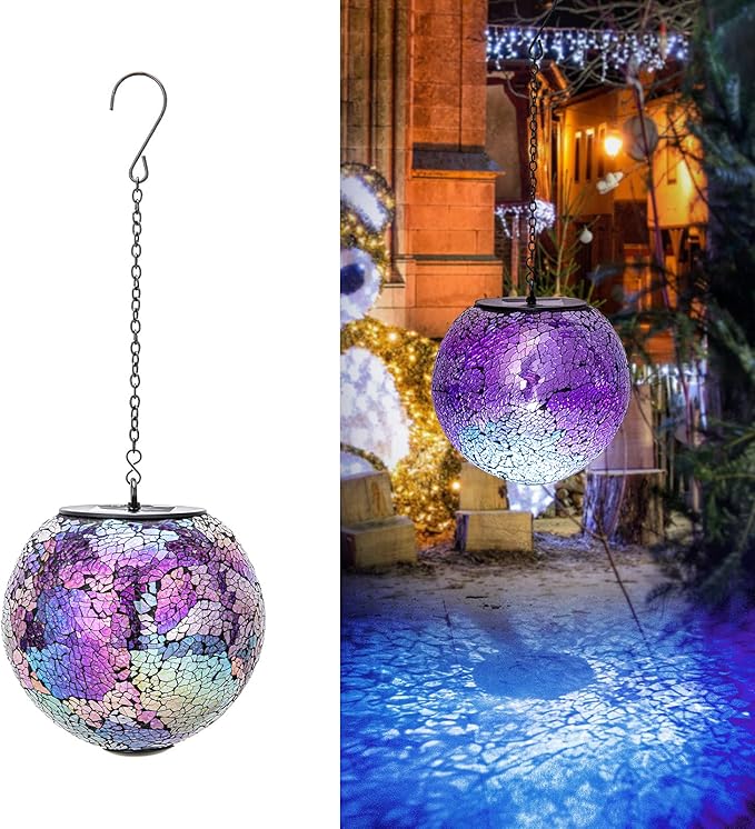 VCUTEKA Solar Lanterns Outdoor Waterproof - Hanging Solar Lights Garden LED Lanterns Mosaic Crack Glass Design for Landscape Patio Yard Garden Pathway Decoration