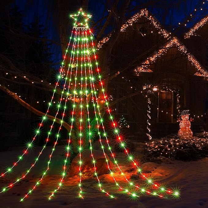 BlcTec Outdoor Christmas Decorations, 352 LED Christmas Star Lights with 9 Strands 11.7ft Waterfall Christmas Tree Lights, 8 Modes, Waterproof, Timer for Yard Patio Xmas Décor, Flowing Red and Green