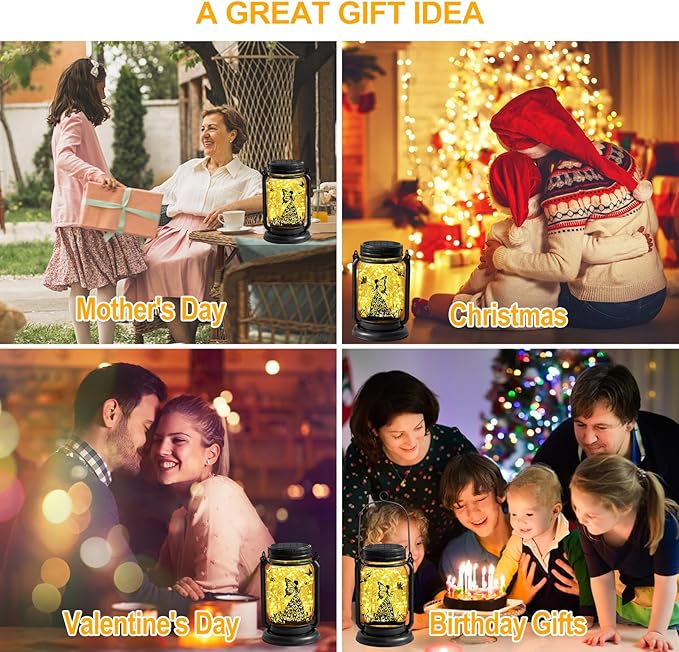 YJFWAL 2 Pack Outdoor Hanging Solar Lanterns, Birthday Mothers Day Gifts for Women Mom Grandma,Fairy Butterfly Vintage Glass Mason Jar, Waterproof Garden Lights for Patio Yard Lawn Tree Party Decor