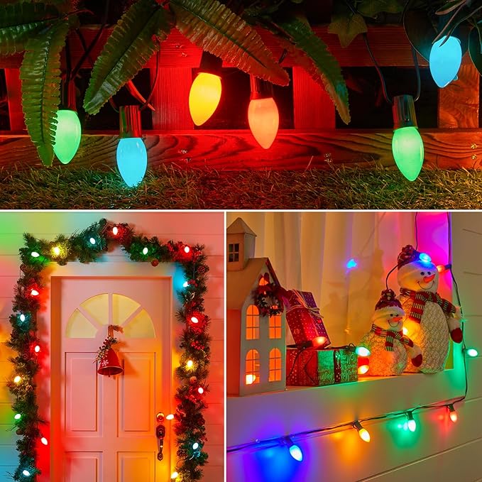 C9 Christmas Lights Outdoor Multicolor, 50 FT Vintage String Lights for Holiday Indoor Room Roofline Backyard Garden Patio Home Xmas Decor, E17 Base, Green Wire