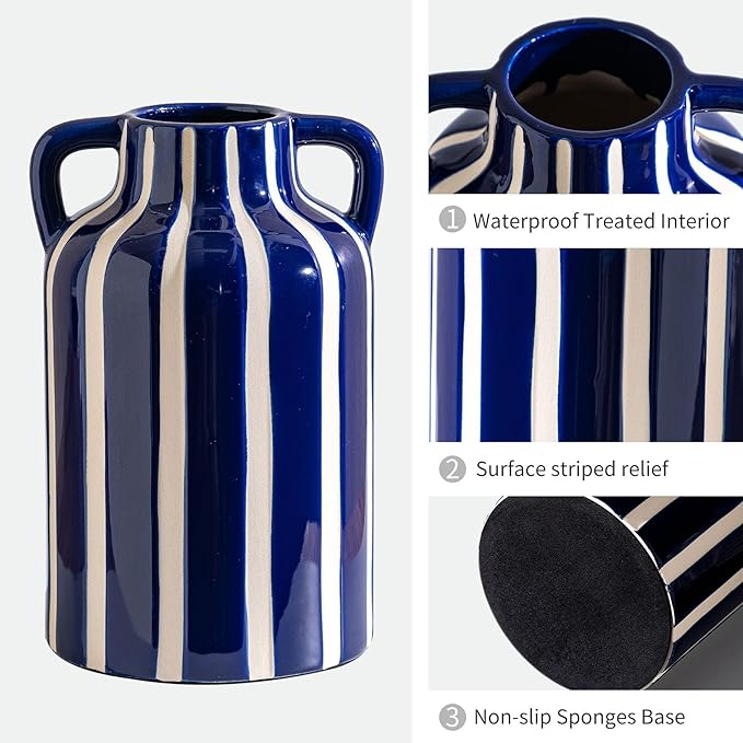 Ceramic Blue and White Checkered Stripes Vase with Handles, Modern Bohemian Floral Navy Blue Vases for Centerpieces, Cottage Core Home Decor, Flower Vases for Bouquet Mantle Bedroom Bookshelf 9.1 in
