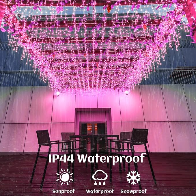 33ft Icicle Lights for Outside, Pink Christmas Lights Outdoor Waterproof for House, 400 LED Twinkle Light with 75 Drops Clear Wire Short Curtain Lights for Room Home Wall Indoor Decorations