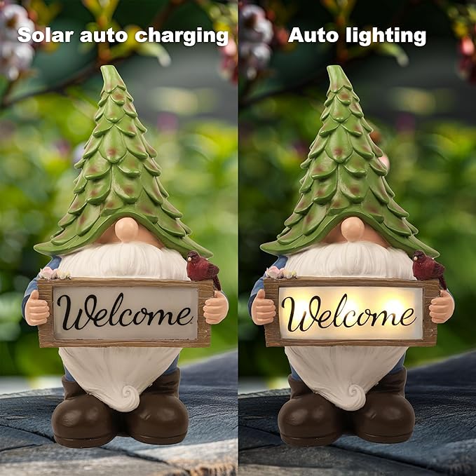Garden Gnome Statue with Solar Lights, 13.5” Welcome Sign Gnome Outdoor Decor for Yard Lawn Patio, Funny Resin Gnome Sculptures, Gifts for Women Mom Grandma,Garden Decor Ornament