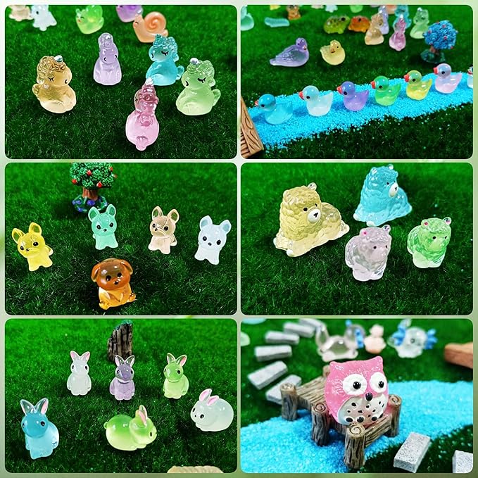 Luminous Woodland Mini Resin Animals Figures 100 Pcs Glow in The Dark Tiny Plastic Animals Small Little Miniature Animals Figurines for Hiding Miniature Fairy Garden Accessories