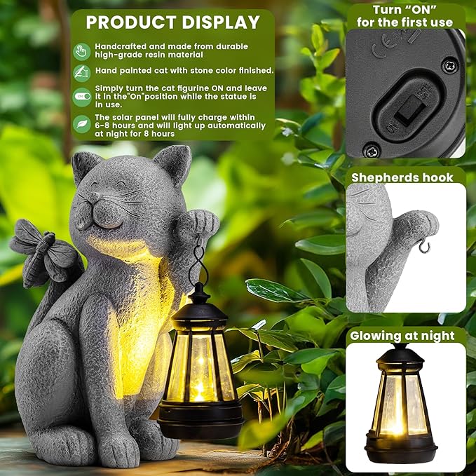 Solar Garden Outdoor Statues Cat with Solar Lantern,Outdoor Cat Figurines Decorations,Lawn Decor Rabbit Statue for Patio, Balcony, Yard Ornament,Unique Housewarming and Birthdays Gifts for Mom Women