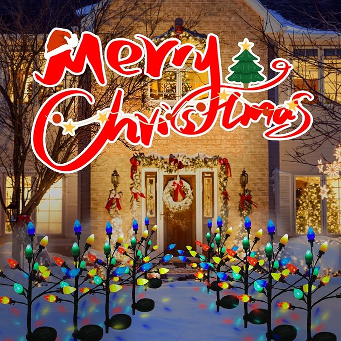 C7 Solar Christmas Lights Outdoor, 4Pack Christmas Pathway Lights with 48 LED Strawberry Multicolor Lights, 8 Modes Outdoor Waterproof Christmas Decorations Lights for Garden,Yard,Pathway (4 Pack)