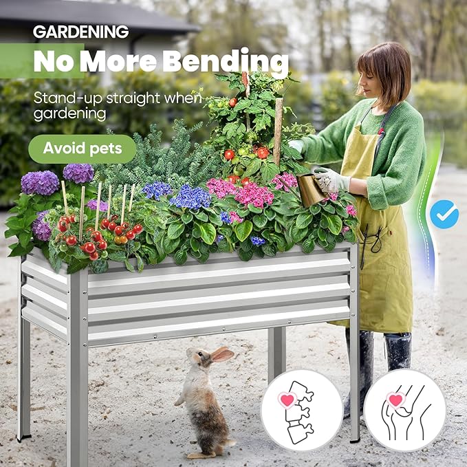 KING BIRD Large Raised Garden Bed with Legs Galvanized Elevated Planter Box 48×24×30 in for Backyard, Patio, Balcony, 400lb Capacity, Silver