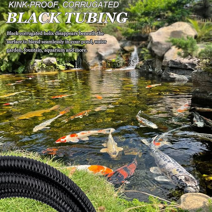 Pond Tubing,1 inch PVC Flexible Pond Hose, Black Corrugated Waterfall Sump Pump Hose,Drainage Pipe, Kinkproof for Garden Ponds, 1"x20FT