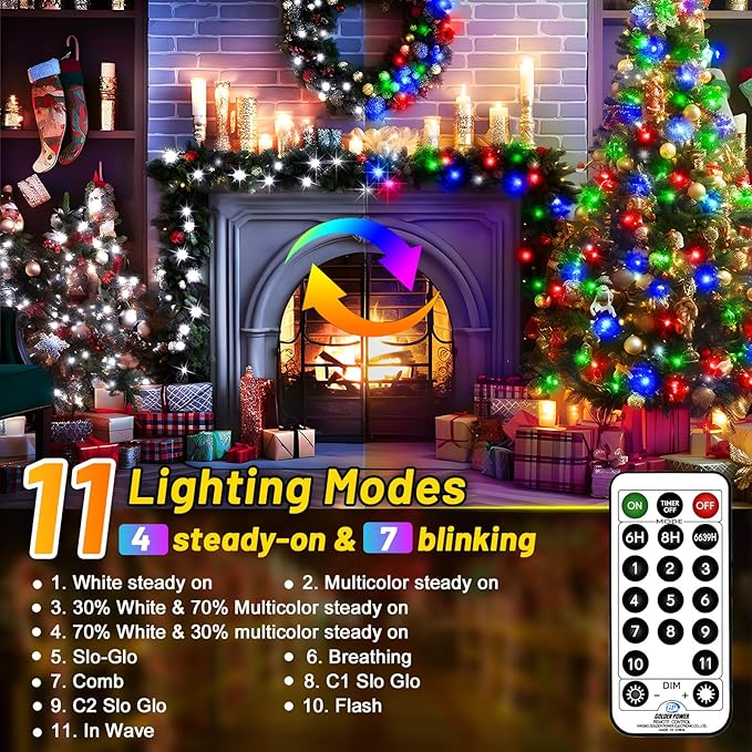 KNONEW 197FT 500 LED Christmas String Lights Outdoor Color Changing 11 Modes Timer Fairy Light Plug in Waterproof Lights for Xmas Tree Yard Wedding Decorations (Cool White to Multicolor)