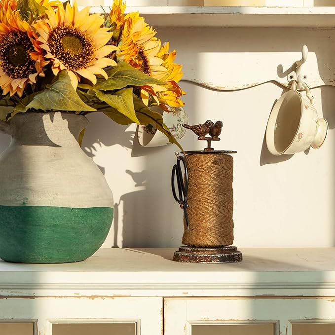 SOFFEE DESIGN Vintage Jute Twine Holder with Scissors for Garden Farmhouse Kitchen Counter Antique Twine Set Birds Rustic Black