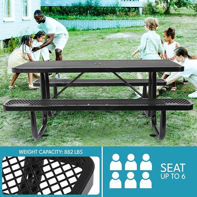 6 ft. Rectangular Outdoor Steel Picnic Table with Umbrella Pole, Heavy-Duty Weather-Resistant Dining Table for Patio, Backyard, and Garden, Rust-Resistant Finish, Black