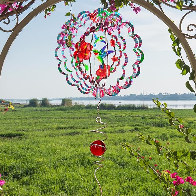 Hummingbird Wind Spinner - Hummingbird Gift for Women Men, Metal Wind Spinners for Outdoor & Indoor Decoration 12in 3D Hanging Bird Wind Catcher Unique Garden Decor Kinetic Yard Art Ornament