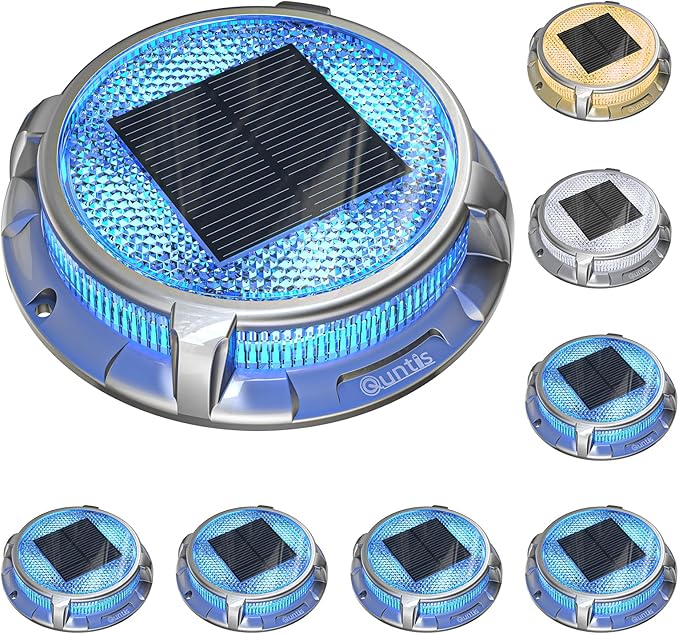 Quntis Solar Deck Lights for Outside, 3 Color Modes Solar Driveway Lights Outdoor IP68 Waterproof, Deck Light for Stair Pathway Walkway Road (Blue/Cool White/Warm White) 8 Pack