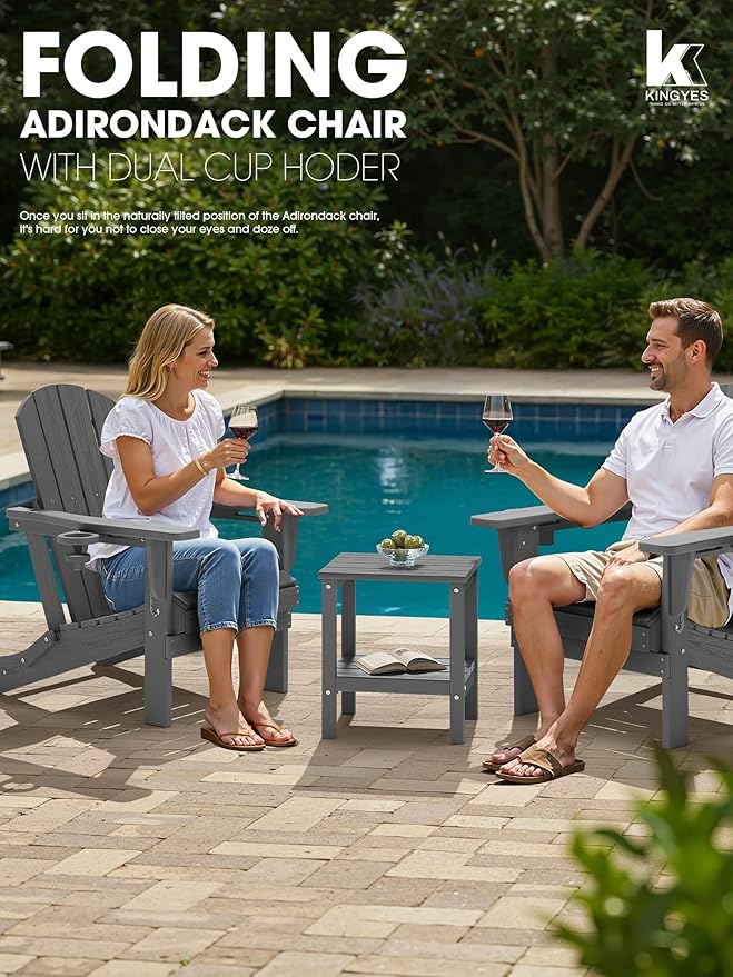 KINGYES Folding Adirondack Chair with Dual Cup Holders - HDPE All-Weather Outdoor Chairs, Grey