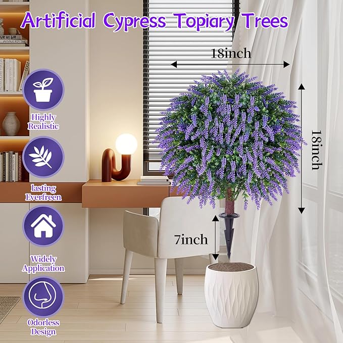 Artificial Lavender Topiany Ball Trees Set of 2,17” Resistant Fake Evergreen Shrubs with Ground SpilRealistic Outdoor Indoor Plants for Garden Porch Maintenance-Free Potted