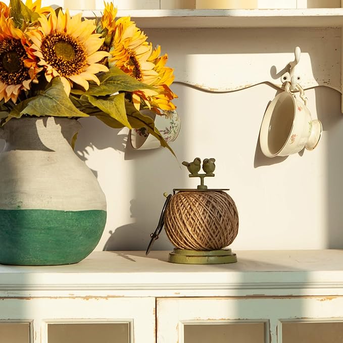 SOFFEE DESIGN Vintage Jute Twine Spool with Scissors Holder Set for Garden Farmhouse Kitchen Antique Twine and Scissors Set Green Birds