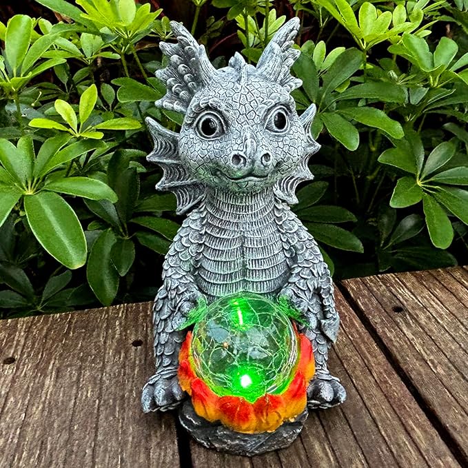 Solar Garden Statue Dragon Figurine with 7-Color Changing Solar Crackle Globe Lights- Loving Dragon for Patio,Balcony,Yard, Lawn-Unique Idea Gifts (Grey)