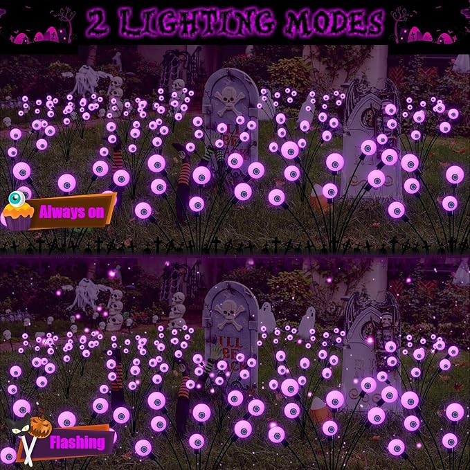 Halloween Decorations Outdoor Solar Scary Eyeball Lights, 2-Pack 16 LED Halloween Decor Solar Garden Lights, Waterproof Halloween Yard Decorations Swaying Halloween Pathway lights for Patio Lawn Party