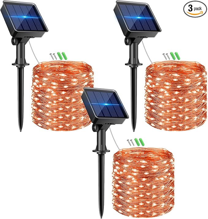 kolpop Orange Solar Fairy Lights Outdoor Waterproof, 3 Pack 33FT 80LED Solar Powered String Light, 8 Modes Copper Wire Solar Twinkle Lighting for Halloween Tree Garden Yard Outside