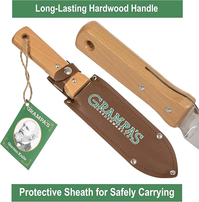 Grampa's Garden Knife - Versatile 7" Hori Hori Garden Knife With Straight & Serrated Steel Blade. Heavy-Duty Garden Hand Tool For Weeding, Digging or Planting. Includes Protective Sheath.