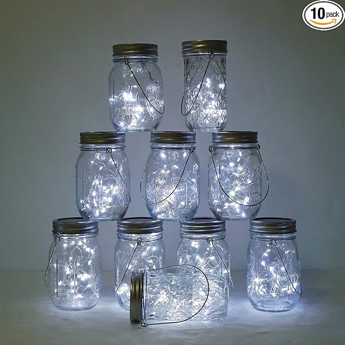 Decorman Solar Mason Jar Lights, 10 Pack 30 LED Fairy Star Firefly String Lids Lights with 10 Hangers for Patio Yard Garden Party Wedding Christmas Decoration(Jars Not Included) (10 Pack, Cool White)