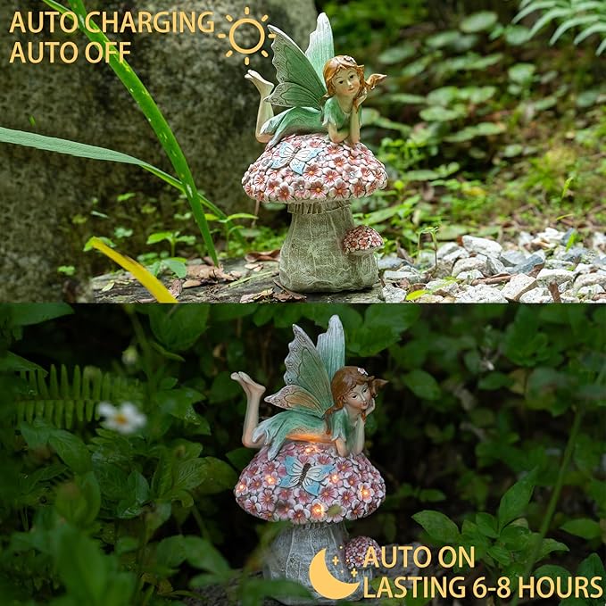 Garden Fairy Decor for Outside, Fairy Garden,Flower Fairy Outdoor Statue,Solar Powered Resin Ornaments,Patio Lawn Yard Porch, Garden Fairy Figurines for Home Garden Gifts,8.66inches Tall