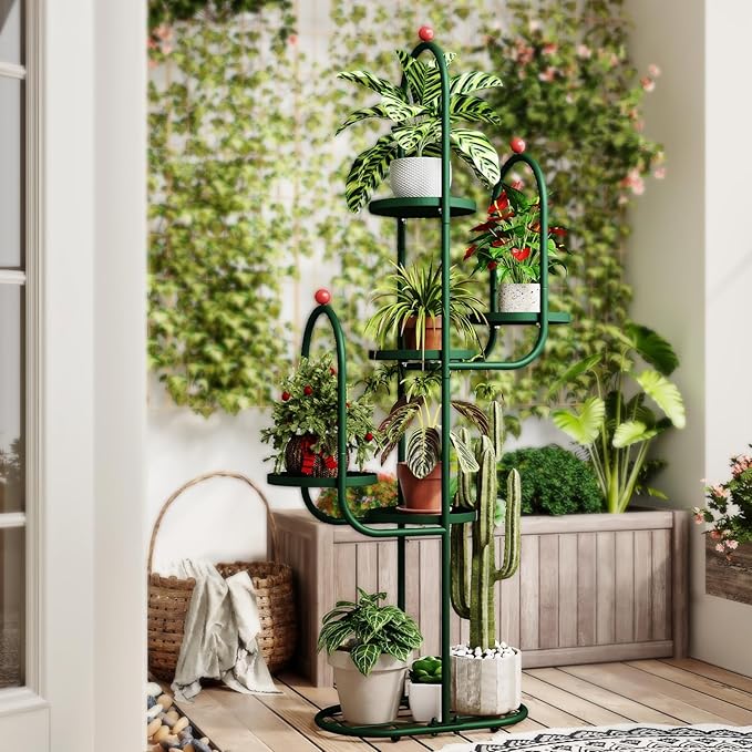 Bamworld Cactus Plant Stand Indoor for Succulents Cactus Tree Cactus Shelf Tall Plant Shelf Outdoor Corner Metal Plant Rack for Patio Garden Balcony Living Room Decor Green