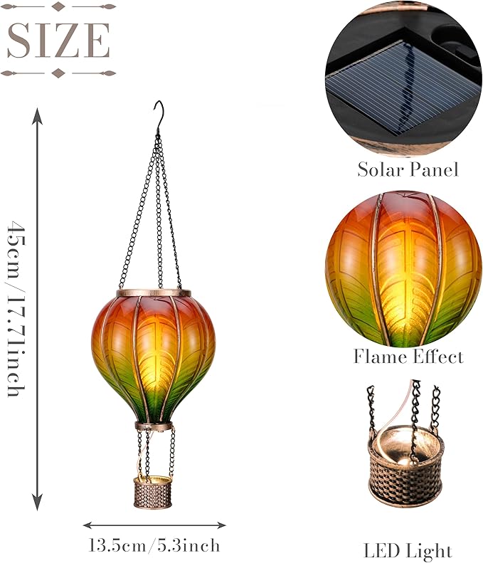 TERESA'S COLLECTIONS Hot Air Balloon Solar Lantern for Garden Decor ,Flickering Flame Hanging Solar Light for Outdoor ,Orange & Green Plastic Lamp for Yard Tree Gift for Mom
