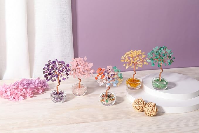 Jovivi Small 7 Chakra Crystals Tree, Natural Crystal Healing Stones Tree Glass Bowl Base Gemstone Money Trees Feng Shui Good Luck Home Desk Decor