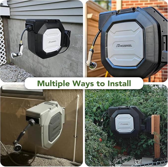 135 ft x 1/2" HOZEREEL Heavy Duty Retractable Garden Hose Reel, Garden Hose Reels Outdoor Organizer- Self Retracting Wall Mount Hose Reel Automatic Recoil Storage, Any Length Lock, 10 Pattern Nozzle