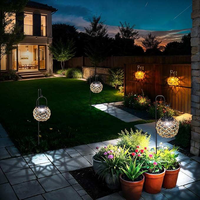 JSOT Solar Lantern - 2 Pack Hemp Rope Hanging Lights Outdoor Lanterns Wall Lanterns Hanging Solar Lamps for Front Porch Patio and Yard