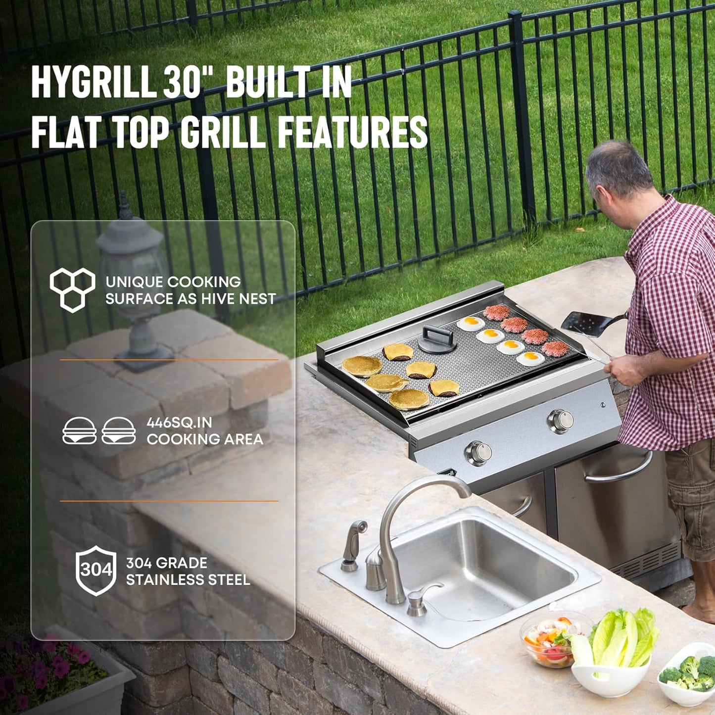 Hygrill 30-Inch Premium Built-In Natural Gas Griddle for Outdoor Kitchen, Durable 304 Stainless Steel 2-Burner Flat Top Grill with Lid and LED lights