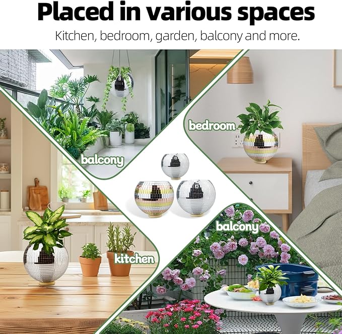 6inch Disco Ball Hanging Plant Pots,Plant Disco Ball Silver Mirror Disco Planter with Chain Hook for Indoor Outdoor Decor and Wooden Stand for Desk,Self Watering Insert Pots, Boho Disco Ball Planter