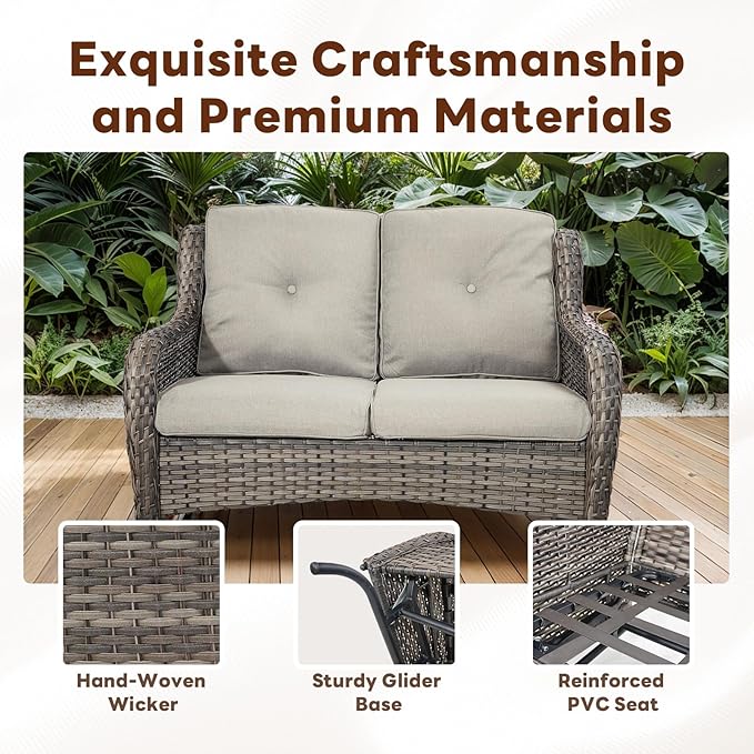 5 Piece Outdoor Patio Furniture Set - Outdoor Conversation Couch and Loveseat Glider Chair Furniture Set with Rattan Coffee Table for Deck Balcony Poolside Gray Wicker/Grey Cushions