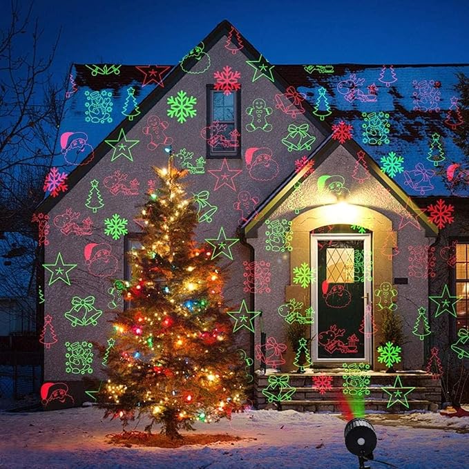 Christmas Laser Lights Projector Outdoor, Projector Lights Landscape Spotlight Red and Green Star Show with Xmas Decoration Patterns for Indoor Outdoor Garden Patio Wall Yard