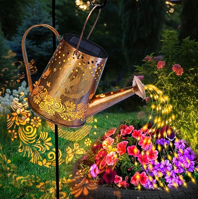 YJFWAL Solar Watering can with Lights, Unique Gifts for Mom Grandma Women Birthday, Waterproof Gardening Gifts Watering Can with Cascading Lights Outdoor Decor for Garden Patio Yard Pathway Backyard