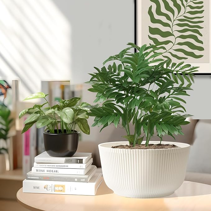 T4U 12 Inch Large Self Watering Plant Pots, Wide Self Watering Planter with Drainage Hole, Large Plant Pots Flower Pot for Plants, Set of 2, White