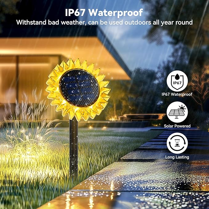 Solar Sunflower Decorative Outdoor Lights, 2 Pack Ground & Wall 2-in-1 Waterproof Decor Light for Backyard, Garden, Pathway, Driveway (Yellow)