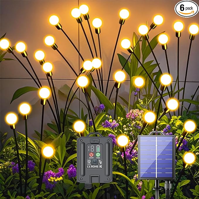 New Upgraded Solar Garden Lights, 6 Pack 48 LED Solar Firefly Lights Outdoor Waterproof, Solar & USB Charging, 8 Modes Swaying Light for Yard Pathway Patio Landscape Outdoor Decoration Lights